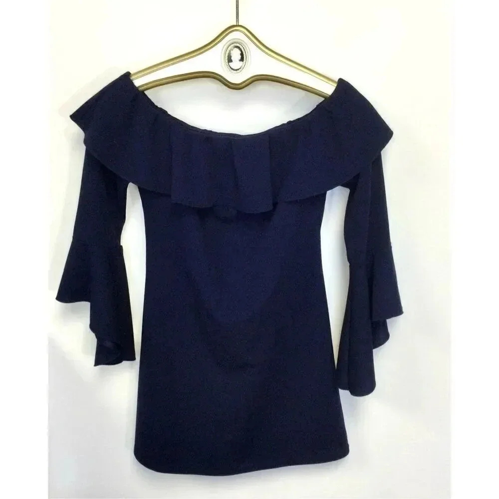 Love Nickie‎ Lew Womens Small Off the Shoulder Mini Dress Navy Blue Ruffle Neck